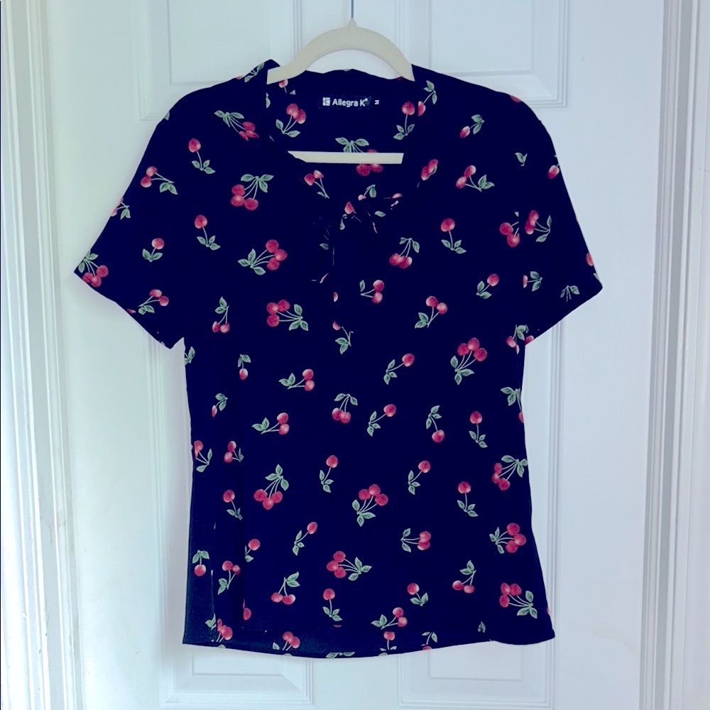 Allegra K Cherry Print Bow Tie Short Sleeve Black Chiffon Blouse | M - Picture 4 of 7